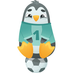 Cute cartoon penguin wearing teal jersey number 1 sitting on a soccer ball with transparent background isolated funny animal illustration