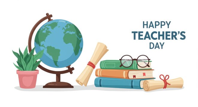 Educational objects including a globe, books, scrolls, and spectacles celebrate an appreciation day for educators