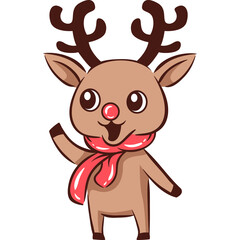 Cute Cartoon Reindeer Waving with a Red Scarf and Antlers Against a White Background