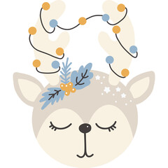 Cute cartoon reindeer with closed eyes adorned with festive string lights and blue and gold foliage accenting its beige antlers and head against a transparent background for holiday celebrations