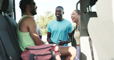 Group, laughing and friends on break, fitness and conversation with teammates by car and funny joke. Happy, athlete and people with smile for workout goals, wellness and humor for discussion or rest