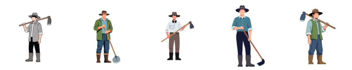 Farm Worker Flat Vector Male Farmer Holding Hoe Tool in Rural Field