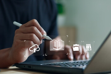 Digital learning and cloud storage concept. Person using laptop with stylus pen and online...
