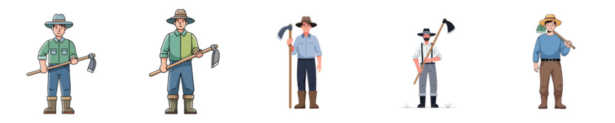 Farm Worker Vector Illustration of Male Farmer Holding Hoe in Flat Design Style