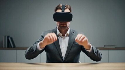 Businessman in a gray suit wearing VR headset gestures in a virtual environment - Powered by Adobe