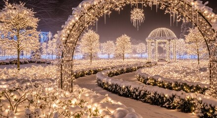 Enchanting winter wonderland illuminated by thousands of twinkling Christmas lights and fresh snow, creating a magical festive garden path at night.