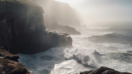 The ocean is rough and the waves are crashing against the rocks