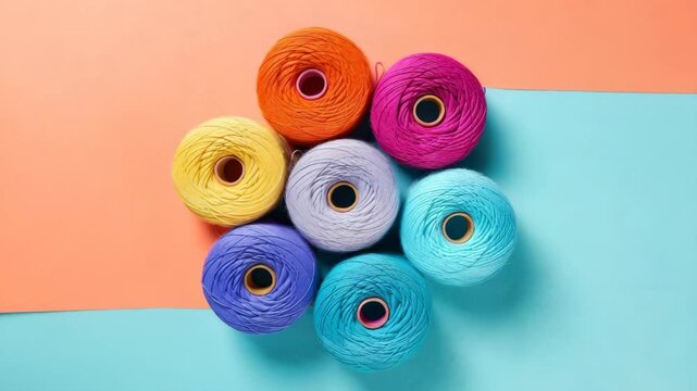 Colorful yarn spools arranged in a circular pattern on a bright background showcasing vibrant hues in crafting setup