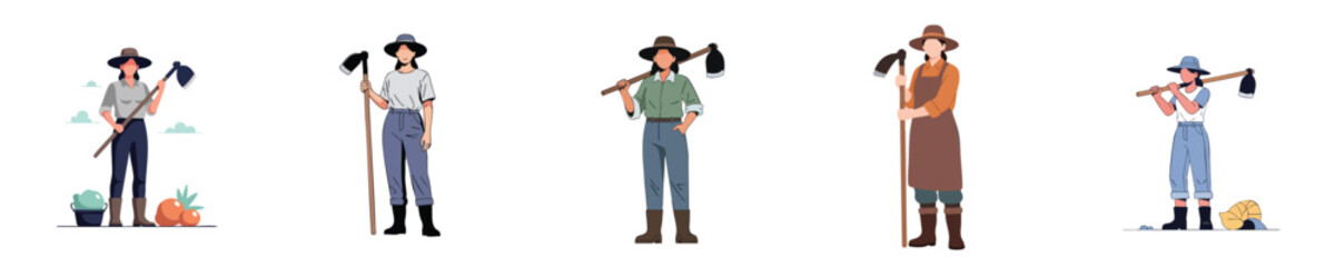 Female Farmer Holding Hoe Flat Vector Illustration for Agriculture and Rural Work Concept