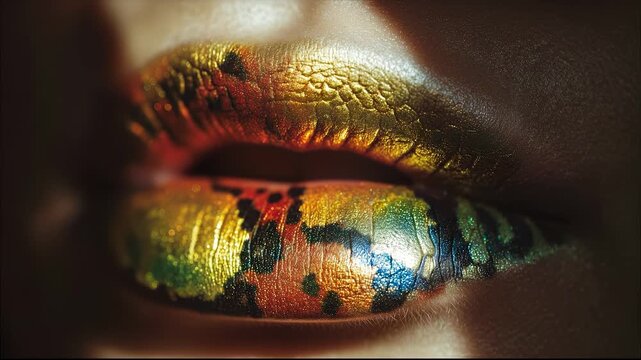 The woman's lips are adorned with vibrant gold and colorful patterns, showcasing stunning artistry. These colorful patterns on the woman's glossy lips highlight creative expression