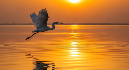 A white heron flying above water with an orange sunset background and a beautiful reflection on the surface.
