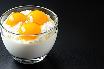Fresh cottage cheese topped with three bright egg yolks in glass bowl on dark surface, copy space