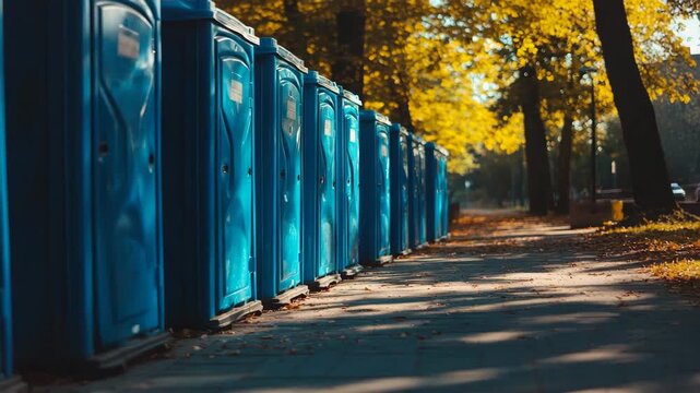 Porta-potties lined up on a sunny autumn day in a park with colorful leaves