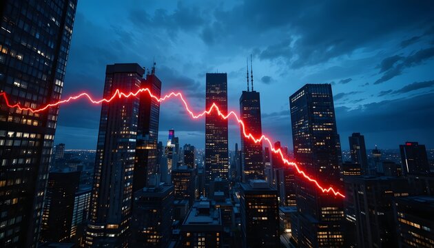 Dramatic skyline shows economic downturn with a falling red line over skyscrapers at night suggesting market crash and financial loss, business concept - Powered by Adobe
