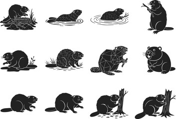 Black silhouette illustrations of beavers in varied poses &ndash; swimming, gnawing, sitting, walking, holding branches &ndash; stylized wildlife behavior and design elements