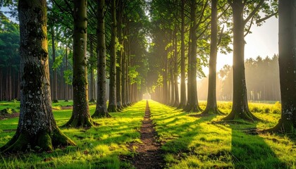 Majestic Alley Of Tall Green Trees With Sunlight Streaming Through Creating A Peaceful Forest Path In The Countryside