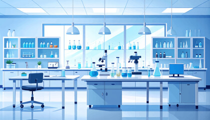 Chemistry laboratory flat color vector illustration. Science lab, pharmaceutical research center 2D cartoon interior design with medical equipment on background. Modern medical institution decor