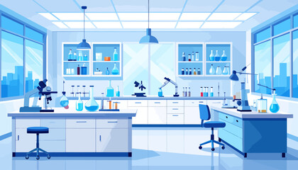 Chemistry laboratory flat color vector illustration. Science lab, pharmaceutical research center 2D cartoon interior design with medical equipment on background. Modern medical institution decor

