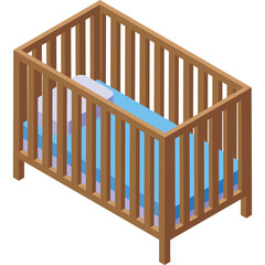 Simple wooden crib with blue bedding and white pillow for baby sleep and rest on transparent background isometric view