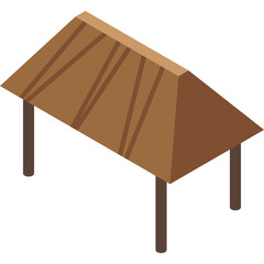 Simple Wooden Hut Structure With Brown Roof And Dark Brown Supports Against A White Background In An Isometric Perspective