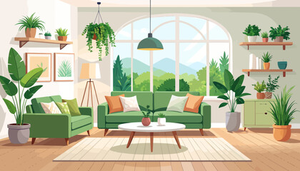 Fototapeta premium Sage green and pink contemporary living room flat color vector illustration. Spacious modern house. Fully editable 2D simple cartoon interior with apartment furniture and accessories on background 