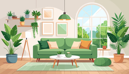 Sage green and pink contemporary living room flat color vector illustration. Spacious modern house. Fully editable 2D simple cartoon interior with apartment furniture and accessories on background
