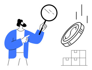 Person holding magnifying glass, inspecting a falling coin. Boxes piled nearby. Ideal for finance, investment, audit, analysis, commerce market research decision-making. Minimalist flat metaphor