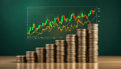 Visualize growth with coin stacks and a rising stock chart, ideal for financial planning and investment strategies, showcasing success and wealth accumulation