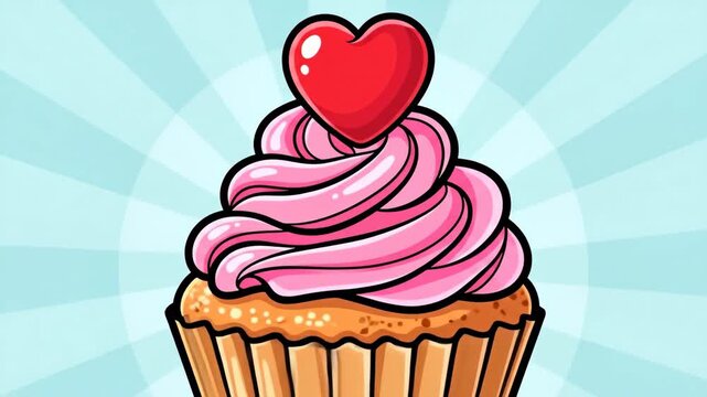 Colorful Cartoon Cupcake Topped with Pink Frosting and Heart Garnish in Retro Style