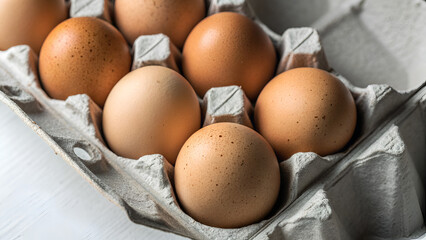 Side close up view of eggs on egg tray. Food concept.. brown eggs in a box carton