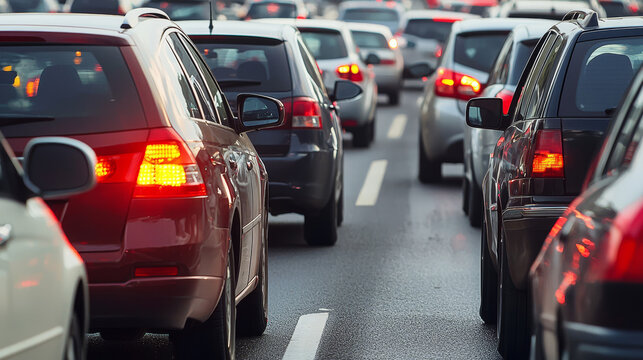 A dense traffic jam of colorful cars on a wet road brake lights glowing brightly.