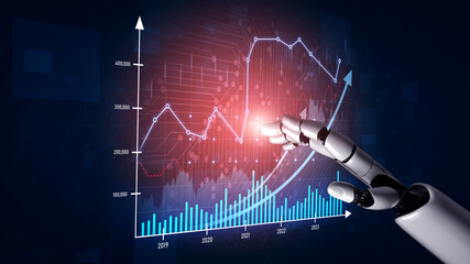A robotic hand reaches out to a vibrant digital chart, illustrating growth and trends in financial...