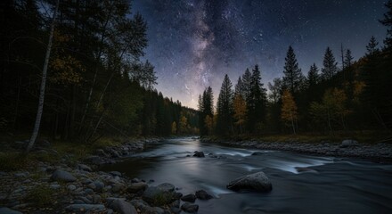 Fototapeta premium Majestic Milky Way over a Serene Forest River in Autumn Night with Long Exposure