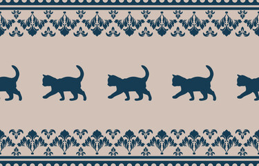 Vector seamless pattern with cat silhouettes and tribal geometric motifs. Monochrome design. Use this pattern for creating pet themed designs, textile prints, packaging, and more. Perfect for cat love