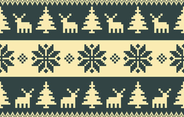 Christmas and New Year green and white seamless pattern, fairytale pixel pattern in white and green with Nordic snowflakes for winter hats, ugly sweaters, jumpers. wallpaper, paper or other design	