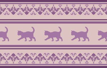 Vector seamless pattern with cat silhouettes and tribal geometric motifs. Monochrome design. Use this pattern for creating pet themed designs, textile prints, packaging, and more. Perfect for cat love