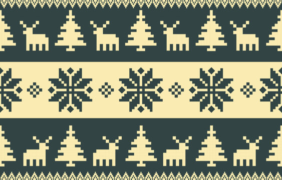 Christmas and New Year green and white seamless pattern, fairytale pixel pattern in white and green with Nordic snowflakes for winter hats, ugly sweaters, jumpers. wallpaper, paper or other design	