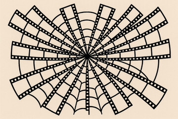 Obraz premium Stylized spider web illustration with film strip elements in symmetrical cinematic design