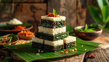 Indian Khoya Sweets Cut Into Triangles Arranged Neatly on Banana Leaf with Spices in Rustic Wooden Setting