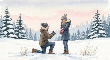 Winter proposal in the snow romantic scene for engagement announcement and love story illustration