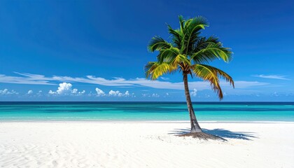 Obraz premium Lone Palm Tree Stands On A White Sand Beach With Turquoise Ocean And Blue Sky Background On A Sunny Day