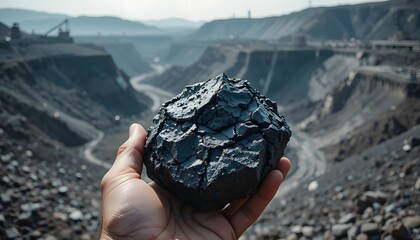 Holding a lump of coal with a vast coal mine landscape in the background, illustrating the complexities of the energy industry and environmental concerns