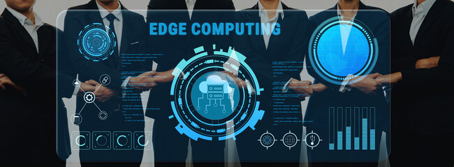 A professional team stands in a modern office, focusing on edge computing technology with captivating data visualizations, symbolizing innovation and collaboration. Trope