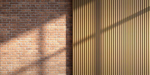Modern Interior Wall Textures Background: Classic Red Brick Wall and Vertical Wood Slats with Sunlight Shadows for Minimalist Decor, Architectural Renderings & Product Display Mockups