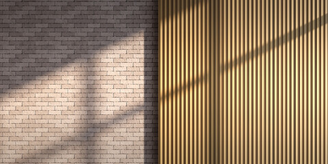 Modern Interior Wall Textures Background: Classic Exposed Brick Wall and Vertical Wood Slats with Sunlight Shadows for Minimalist Decor, Architectural Renderings & Product Display Mockups