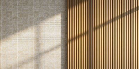 Modern Interior Wall Textures Background: Subtle Beige Square Tiles and Vertical Wood Slats with Sunlight Shadows for Minimalist Decor, Architectural Renderings & Product Display Mockups