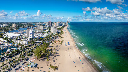 aerial drone view Fort Lauderdale, Florida with beach and city