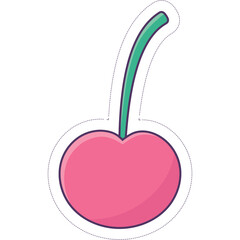 Single Pink Cherry With Green Stem Pixel Art Style On Transparent Background With Dotted Outline