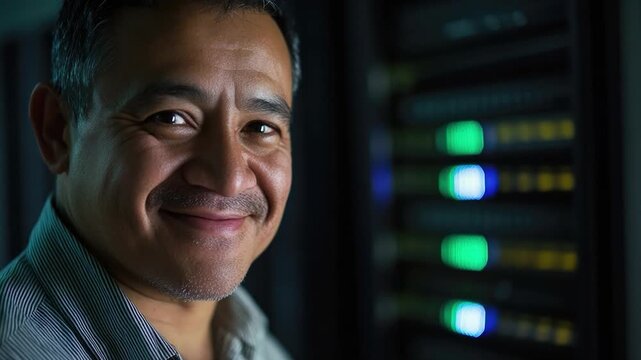 A person smiling in front of a row of computer servers, with a professional or IT-related background