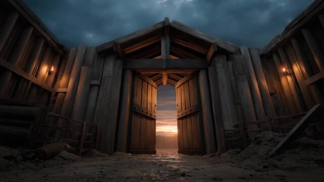 Rustic wooden gate opening to glowing sunset over sandy courtyard and barren landscape, open doorway to dramatic cloudy sky, warm lantern light inside textured timber walls and moody rustic fort